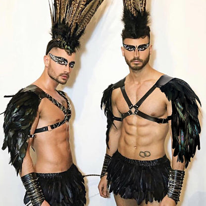 L'VOW Men's Feather Shoulder Armor Medieval Leather Harness Shoulder Guards Halloween Demon Cosplay(Black-2)