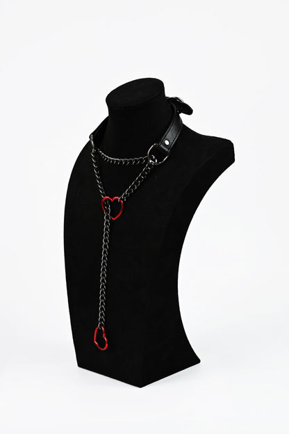 SIROLISA Handmade Black Heart Choker Collar for Women, Punk Gothic Vegan Leather Slip Chain Necklace with Adjustable Buckle, O-Ring Y-Necklace Jewelry for Goth Alternative Aesthetic Costumes