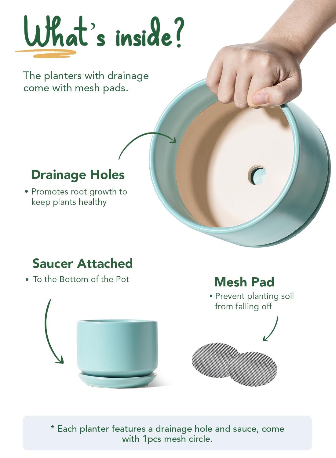 LE TAUCI Ceramic Plant Pots, 4.3+5.3+6.8 inch, Set of 3, Planters with Drainage Hole and Saucer, Indoor Flower Pot with Hole Mesh Pad, Gifts for Mom, Aqua