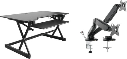 Rocelco 40" Height Adjustable Standing Desk Converter with AC Outlet USB Charger and Dual Monitor Arm Mount - Sit Stand Up Tabletop Riser - Sliding Keyboard Tray - Black (R DADRB-40-ACUSB-MA2)
