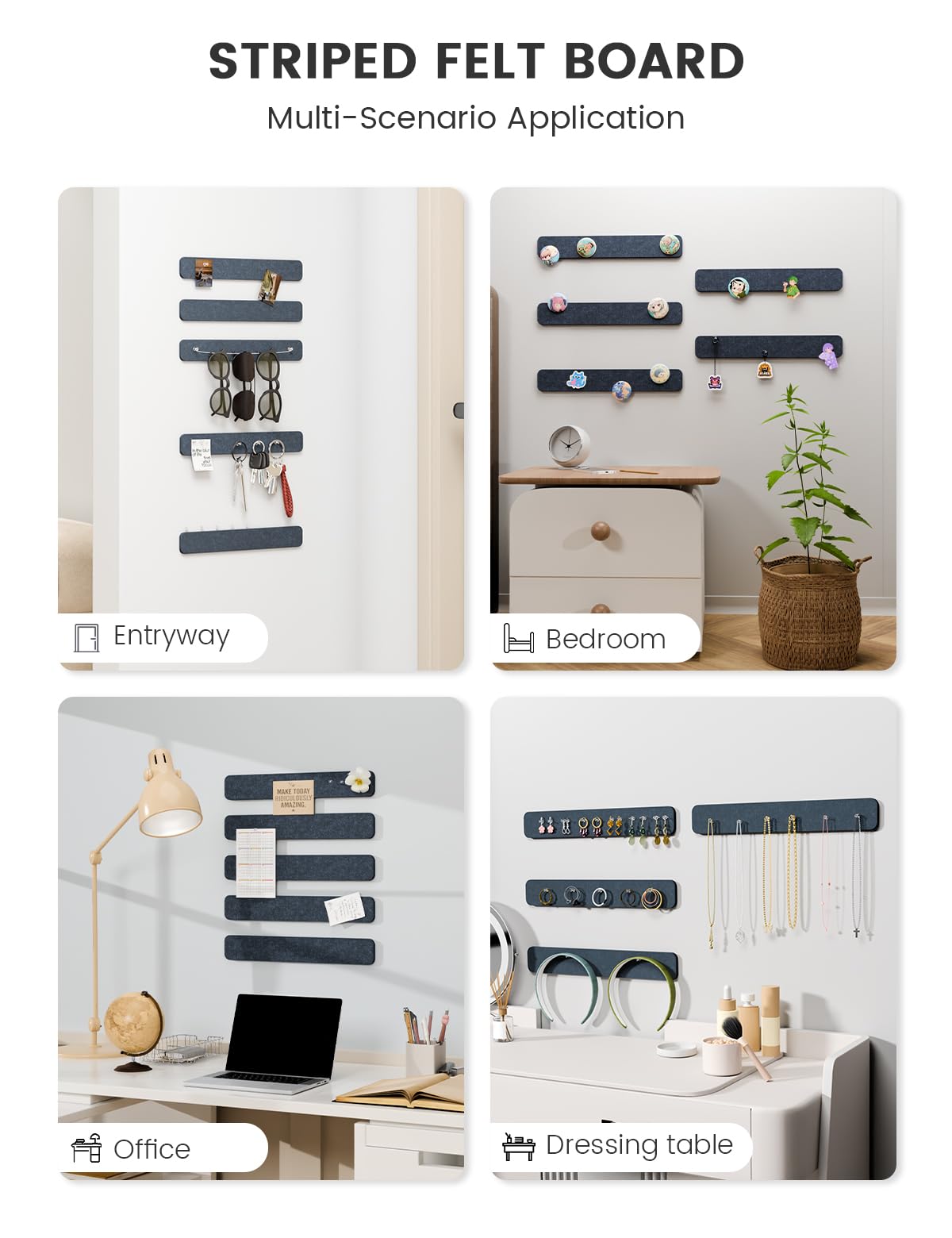 Fluxynara Cork Board Alternative Felt Strip Board 5-Pack 13"x2", Office Pin Board with 35 Push Pins, Adhesive Install for Bedroom Door & Home Office (Denim Blue)