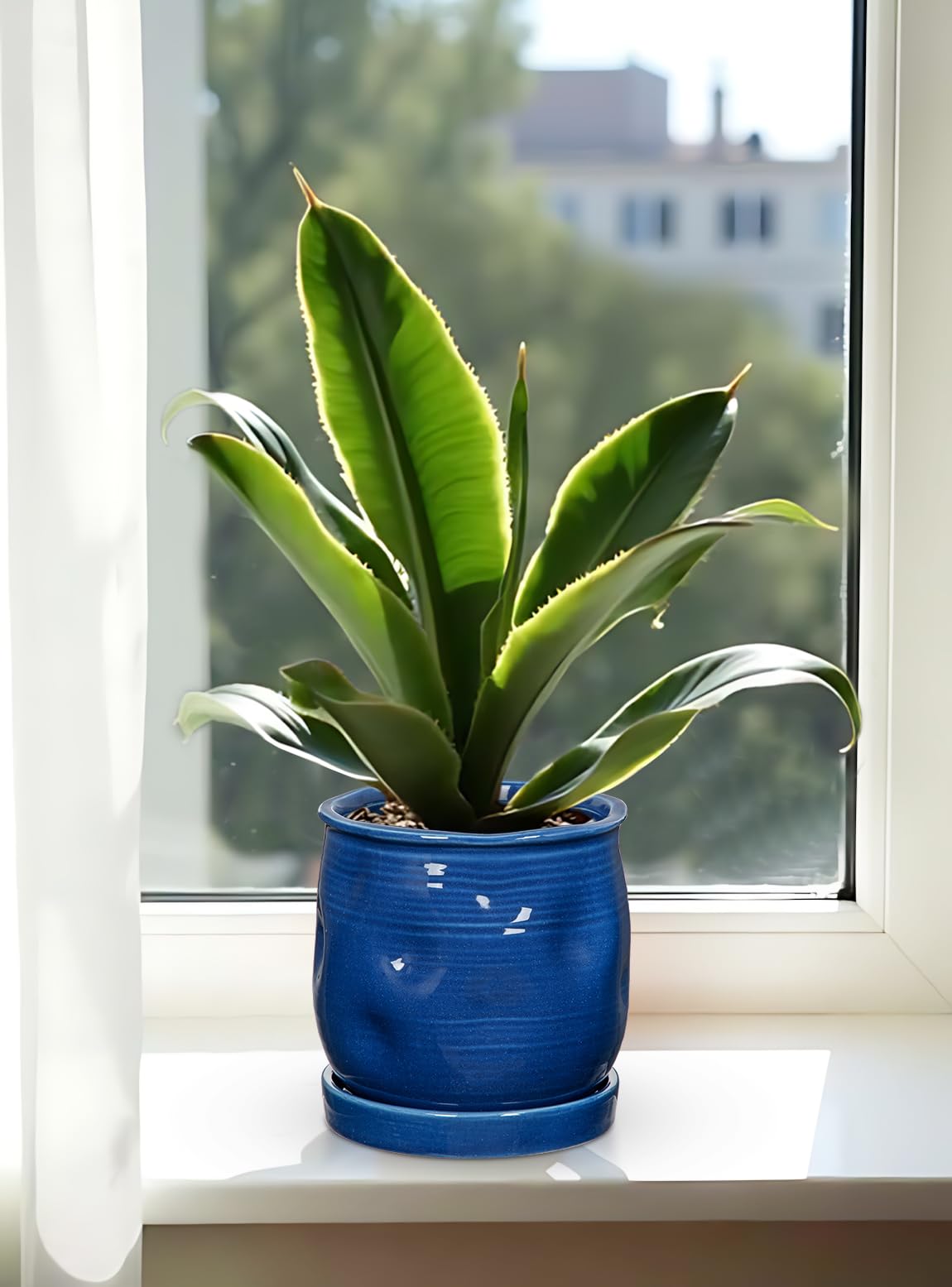 Oairse 5.7 inch Ceramic Pots for Plants, Plant Pot with Drainage Hole and Saucer Blue Ceramic Indoor Planter with Tray Decorative Flower Pots for Succulent, Cactus, Snake Plant, Herb Indoor Outdoor
