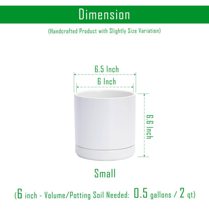 D'vine Dev Set of 2 Plants Pots, 6.5 Inch Ceramic Planter Pot for Plants with Drainage Hole and Saucer, White, 94-V-C-1
