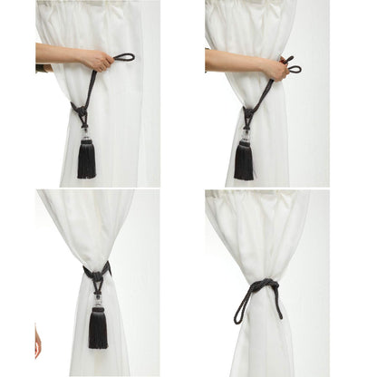 Fenghuangwu Tassel Curtain Tiebacks Handmade Curtain Tie Backs, Elegant Crystal Curtain Holdbacks for Home Office Decor (Charcoal, 2P)
