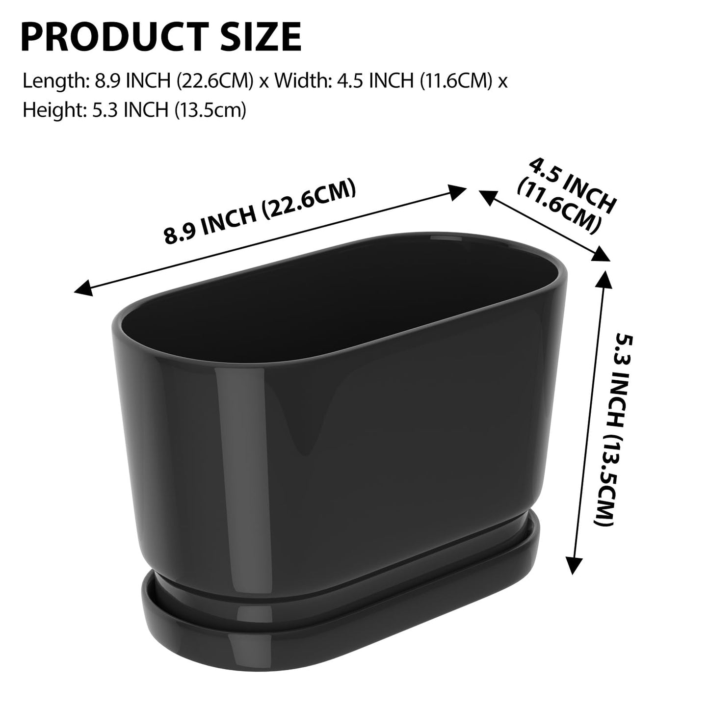 XiHuaer 8.9x4.5x5.3 Inch Ceramic Planter with Drainage Hole and Saucer, Indoor Outdoor Plant Pot for Plants, Black