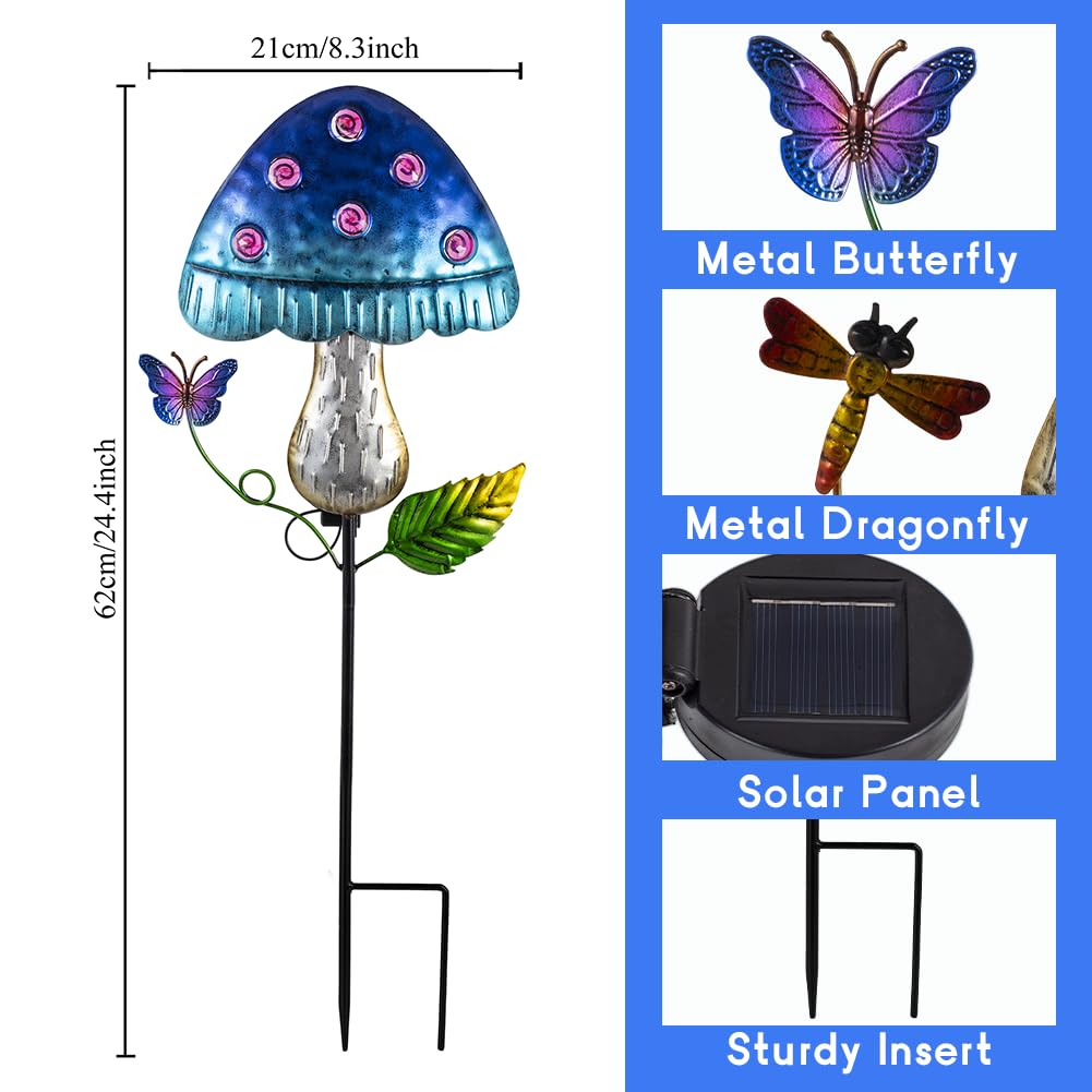 Venniy Solar Mushroom Lights for Outside 2 Pack，Mushroom Solar Lights Outdoor Metal Stakes Decorate Garden,Path,Backyard,Flower Bed,Pathway,Lawn