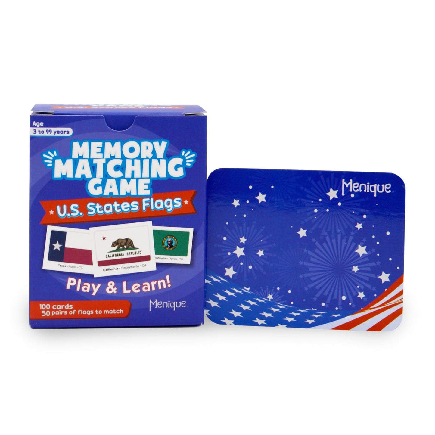 Menique U.S. States Flags Memory Matching Game – 100 Cards (50 Pairs) – Learn State Flags, Capitals & Abbreviations – Educational Card Game for Kids and Adults
