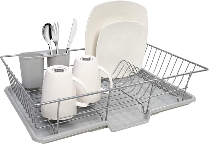 Sweet Home Collection 3 Piece Dish Drainer Rack Set, 12" x 19" x 5", Silver