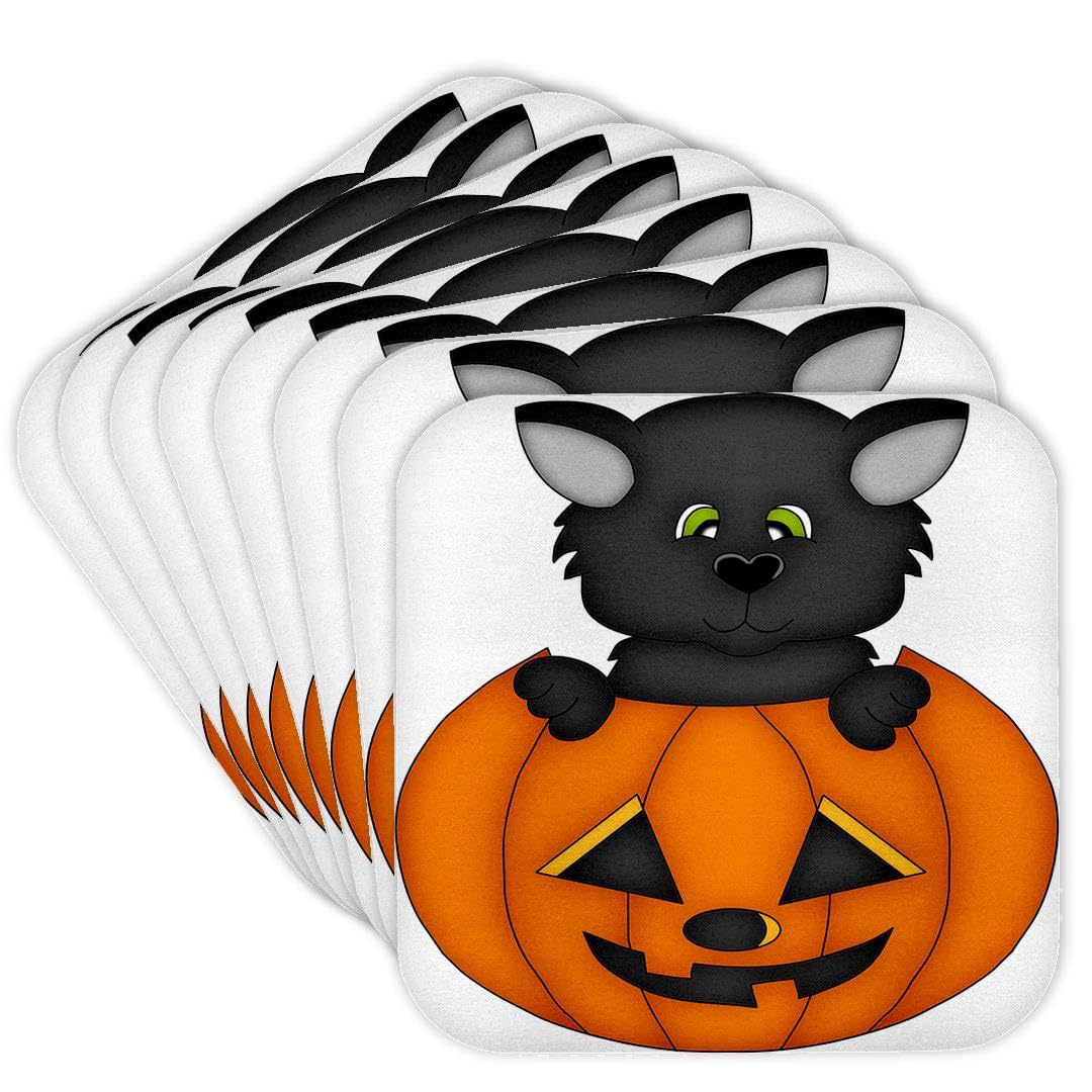 3dRose CST_216734_2 Cute Halloween Cat in a Pumpkin Illustration Soft Coasters (Set of 8)