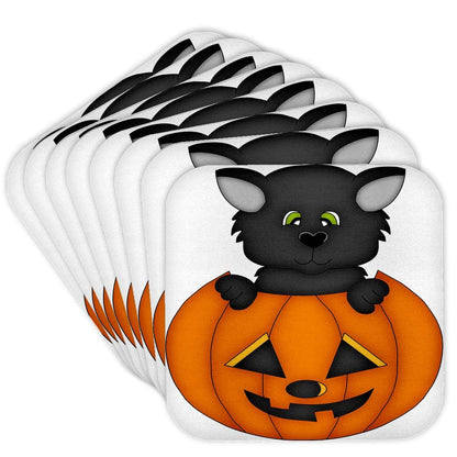 3dRose CST_216734_2 Cute Halloween Cat in a Pumpkin Illustration Soft Coasters (Set of 8)