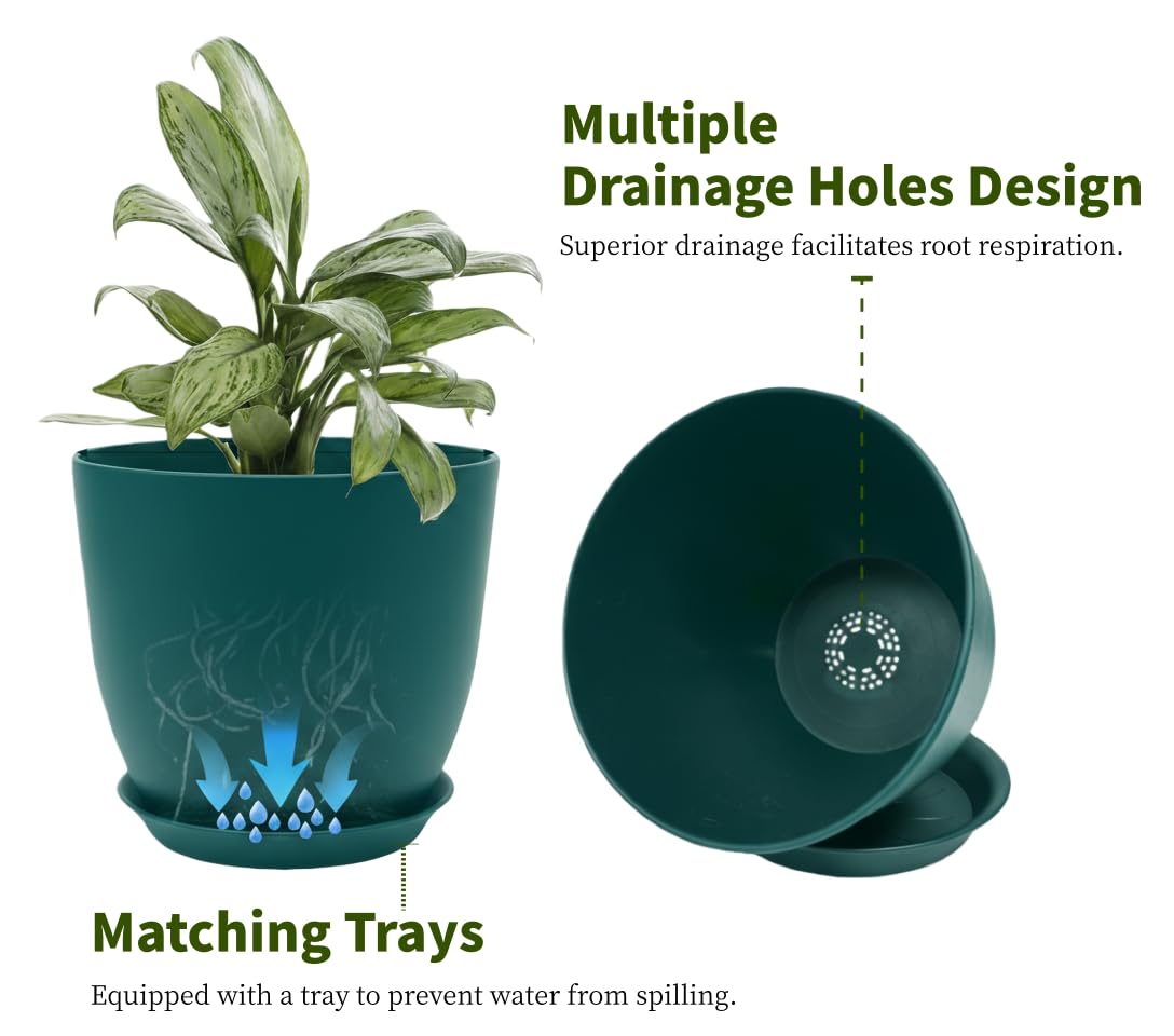 Vanslogreen Plant Pots 8 Inch Set of 6, Flower Pots with Drainage Holes and Saucer, Plastic Garden Planters for Indoor & Outdoor Plants (Deep Green)