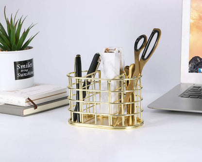 Nugorise Pen Holder, 3 Compartment Metal Pencil Holder Stationery Organizer, Decorative Desktop Storage Holder for Office Supplies, Gold