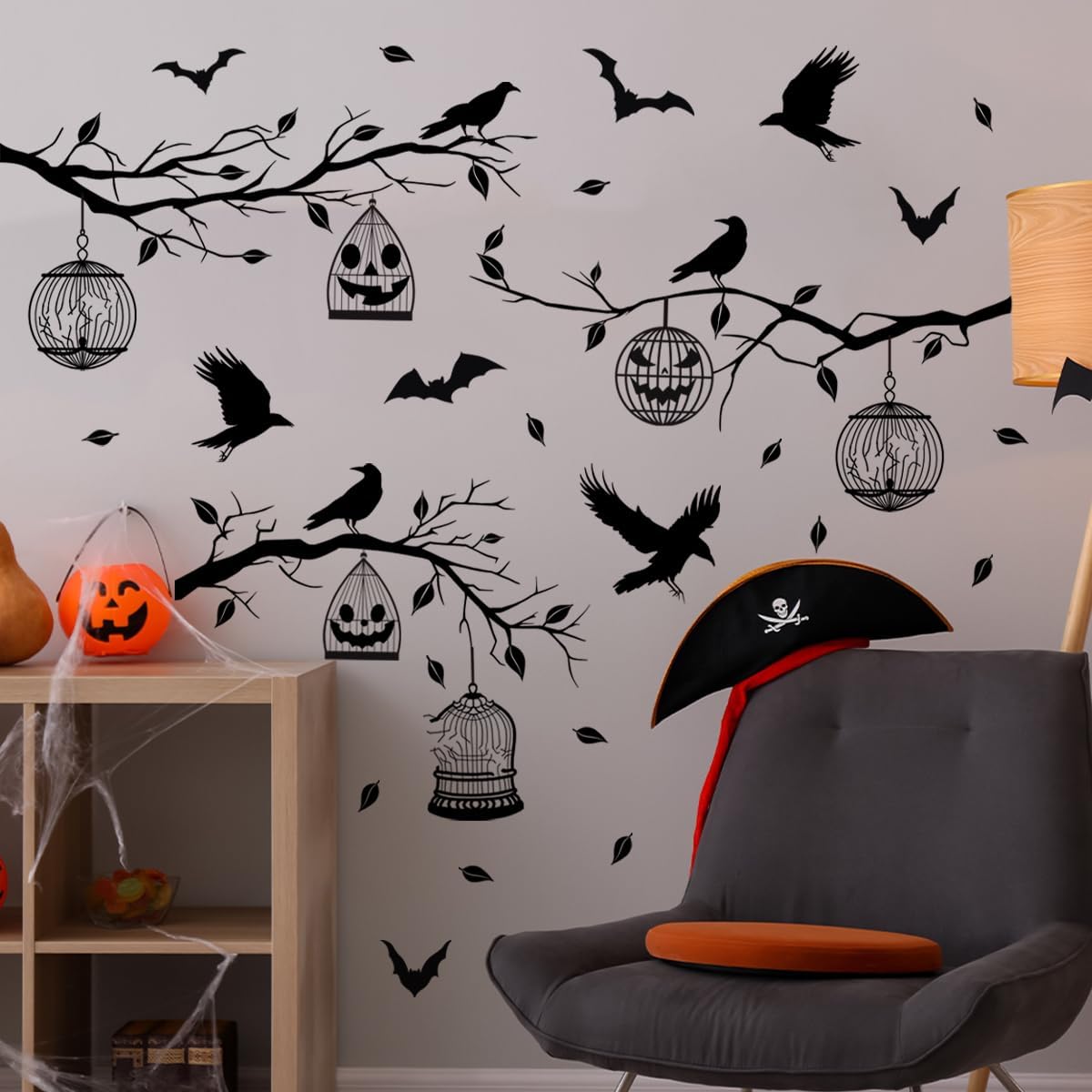 Halloween Wall Decals Black Tree Branches Bat Wall Stickers Large Removable Halloween Wall Clings Decor DIY Art for Home Wall Window Door