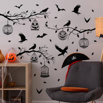 Halloween Wall Decals Black Tree Branches Bat Wall Stickers Large Removable Halloween Wall Clings Decor DIY Art for Home Wall Window Door
