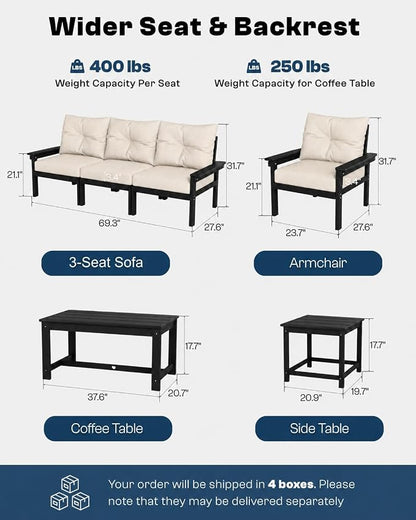 HDPE Outdoor Patio Furniture Set, 7-Piece Patio Conversation Sets with Coffee Table & Side Table & Beige Washable Thick Cushions, Outdoor Sofa for Balcony, Porch(Black Frame)