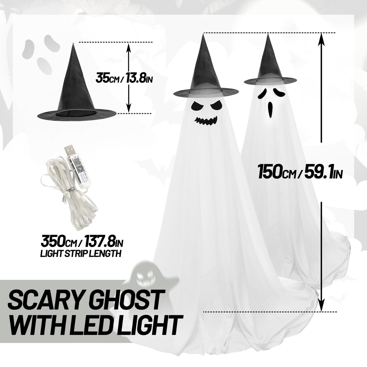 VZQI Halloween Ghost Decorations with LED Lights 2-Pack Indoor Outdoor Spooky Witch Hat Decor for Front Porch Yard Garden