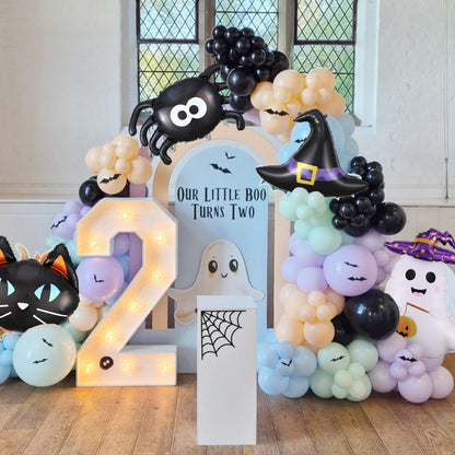 Enanal 166pcs Halloween Balloon Arch Kit - Pastel Rainbow & Black Latex Balloons with Witch Hat/Ghost/Spider/Black Cat Foil Balloons for Little Boo Birthday, Halloween Baby Shower Party Decorations