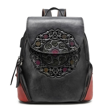 Leather Backpack for Women Organizer Retro Vegetable Tanning leather bag Vintage Embossing Totem (black)