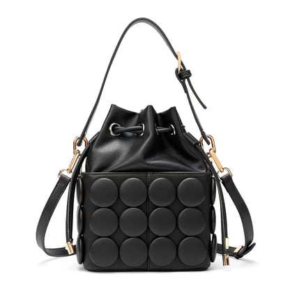 ZGRJSZDD Women's PU Leather Drawstring Top Handle Bucket Bag Purse with Solid Dot Patterns, Crossbody Shoulder Handbag, 9086 Black