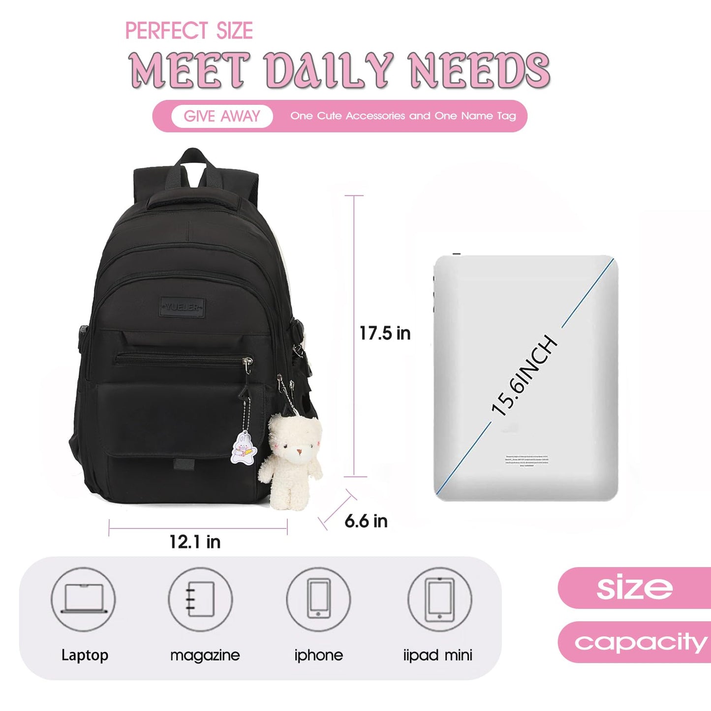 PRLINJSK Girls Backpack for College High Middle School Student, Cute Aesthetic Bookbag for Teens Women with Accessories,Black