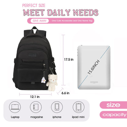 PRLINJSK Girls Backpack for College High Middle School Student, Cute Aesthetic Bookbag for Teens Women with Accessories,Black