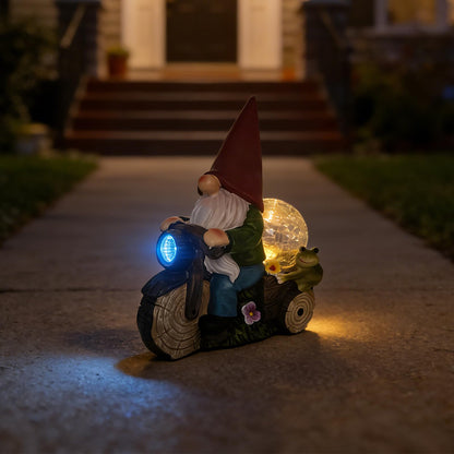 SAMPU Craft Solar Powered Garden Gnome on Motorcycle with Frog and Crackle Glass Globe, Outdoor LED Light Decor for Patio, Lawn, Yard, and Garden (Red)