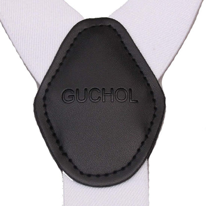 GHCHOL Mens Suspenders with Strong Metal 6 Clips Adjustable Elastic Y Style Leather Suspender for Wedding (White)