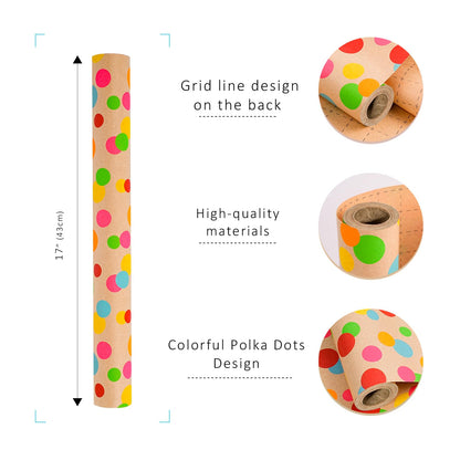 BIOBROWN Kraft Wrapping Paper Roll Colorful Polka Dots Design Perfect for Birthday Holiday Wrap 17 inch X 33 feet
