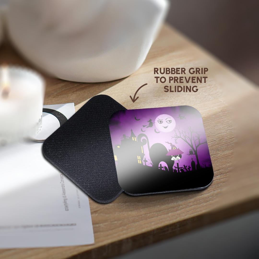 3dRose cst_173233_2 Black Cat in a Witches Hat a Laughing Moon Purple and Black Halloween-Soft Coasters, Set of 8