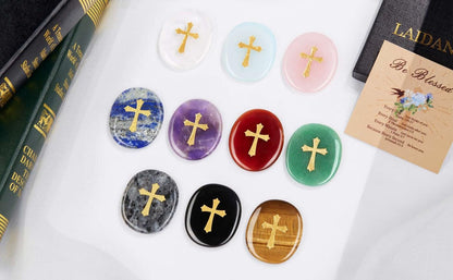 LAIDANLA Lapis Lazuli Cross Engraved Healing Crystal Worry Stones for Pray Faith Anxiety Relief Oval Palm Stone Polished Natural Crystal Gifts