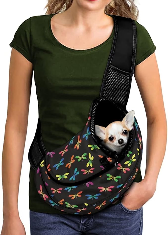 FUSURIRE Colorful Dragonfly Print Small Dog Sling Carrier for Small Pets, Cats and Puppies, Breathable Mesh Cute Front Pack Hands-Free Carrier Bag with Adjustable Shoulder Strap for Outdoor Travel