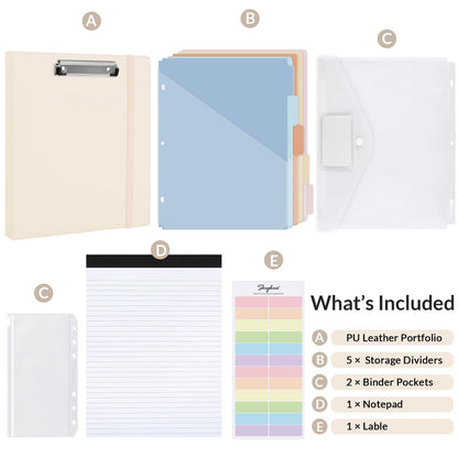 SKYDUE 3 Ring Binder with Clipboard,1 Inch Binder, 13.2" × 10.2" PU Clipboard Binder with Notepad & 5 Dividers with 5 Pockets, Labels, Clipboard Folder Great for School Office(Fit Letter Sized Paper)