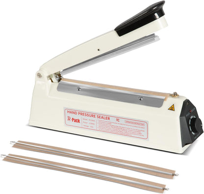Impulse Heat Sealer with Seal bar, Heavy-Duty Bag Sealing & Cutting Machine, 2 Extra Replacements (white, 8inch)