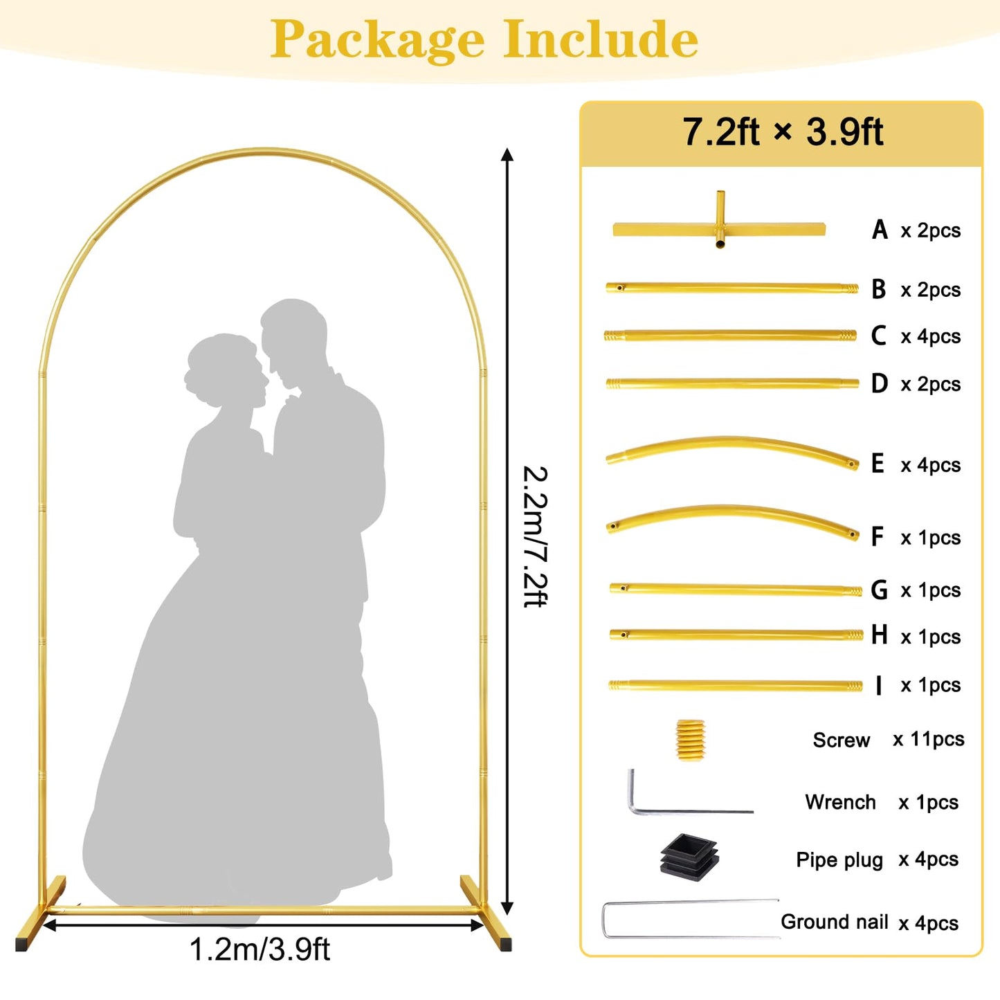7.2 FT Metal Arch Backdrop Stand, Gold Wedding Arch Frame, Floral Balloon Arch Stand for Birthday Baby Shower Bridal Anniversary Graduation Ceremony Party Backdrop Decoration