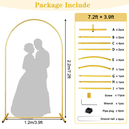 7.2 FT Metal Arch Backdrop Stand, Gold Wedding Arch Frame, Floral Balloon Arch Stand for Birthday Baby Shower Bridal Anniversary Graduation Ceremony Party Backdrop Decoration