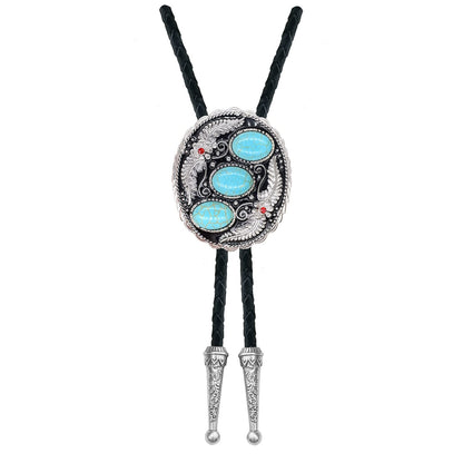 QUKE Vintage Native American Western Cowboy Three Blue Turquoise Stone Bolo Tie Hand-woven Leather Bola Tie Necktie for Men