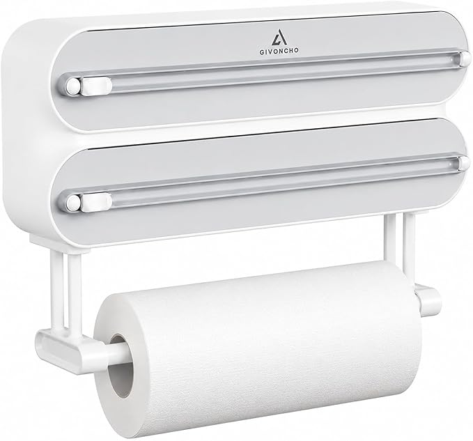 Magnetic Plastic Wrap Dispenser with Cutter, 3-in-1 Kitchen Wrap Organizer for Plastic Wrap, Aluminum Foil & Cling Film, Wall Mount Wrap Dispenser with Paper Towel Holder (3 in 1)
