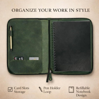CestAntiQ, Heavy Duty Full Grain Leather Journal Cover (8.5 x 11 in.), Refillable Cahier XXL, Refillable Spiral Notebook (8.5 x 11 in.), Handmade Zippered Leather Journal Cover (Green)
