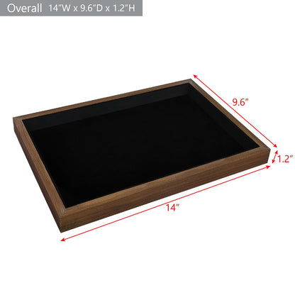 MOOCA 2 Pcs Wooden Jewelry Display Tray, Presentation Tray, Organizer for Rings, Necklaces, Earrings, and Accessories, Walnut Color with Black Suede, 14" W x 9.6" D x 1.2" H