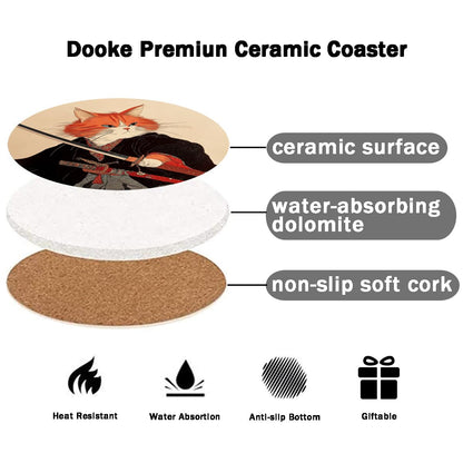 Dooke Coasters for Drinks, Round Absorbent Ceramic Stone Coasters Set of 6 with Cork Base, Funny Drink Coasters with Holder for Cold Drinks Wine Mugs and Cups Tabletop Protection,Japanese‌ Cat