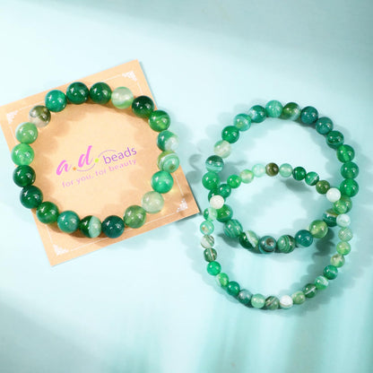 AD Beads 8mm Handmade Green Stripe Agate Elastic Bracelet – Natural Gemstone for Calm energy – Meditation, Yoga, Healing and Energy Gift for Men Women