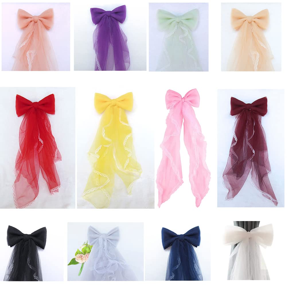 Turbokey 2 Pcs Gauze Curtain Tieback Silk Ribbon Bowknot Tie Back Clips Sweet Lace Curtain Holdbacks Buckle for Nursery Bedroom Decor Tassels Home Office Window Decorative Drapes (Black)