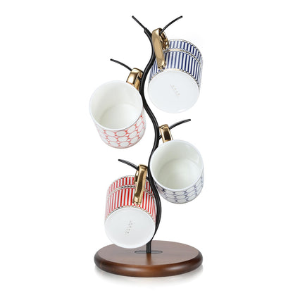 Noeixrah Mug Tree Holder, Bronze Metal Leaf Branch & Solid Wood Base Mug Holders, Countertop Coffee Mug Trees Organizer for Kitchen, 4 Hooks, Sleek Modern Decor for Coffee Station