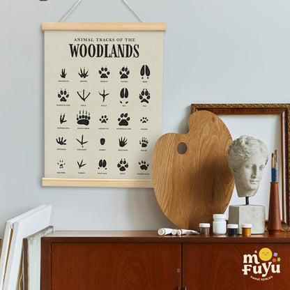 MOFUYU Woodland Tracks Wall Decor Canvas Hanging Banner, Nursery Decor Mountains, Woodland Nursery Poster Hanger Frame for Kids Room,Classroom,Playroom Cabin 12x16 Inch