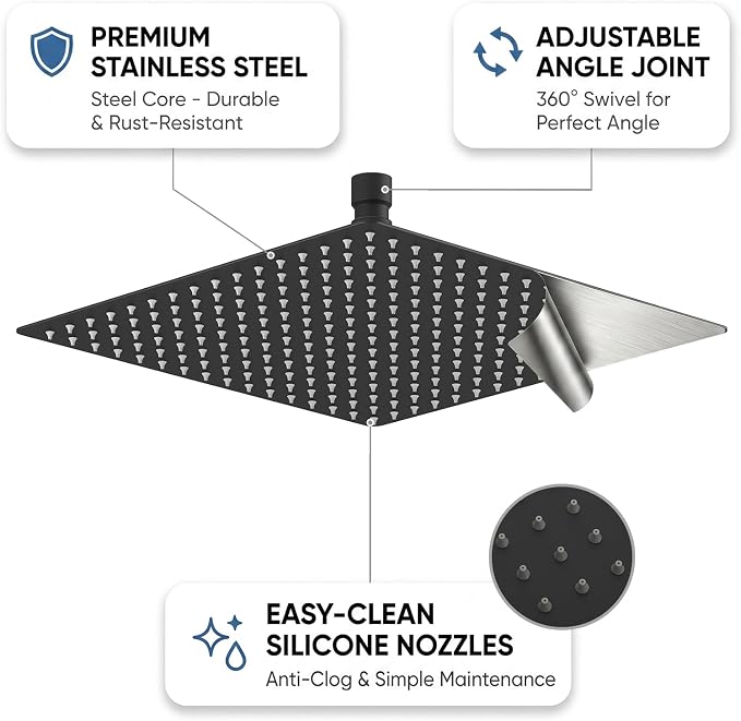 BESy 12 Inch Rain Shower Head, 12" Square Rainfall & High Pressure Stainless Steel Bath Showerhead, 1/16" Ultra Thin, Waterfall Full Body Coverage with Silicone Nozzle, Matte Black Finish