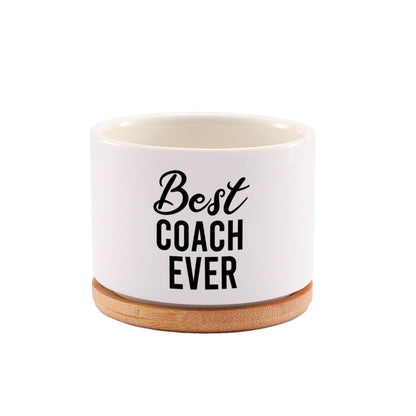Best Coach Ever Coach Gifts Ceramic Succulent Plant Pot with Bamboo Tray Round Sports Gym Instructor Basketball Volleyball Football Soccer Home Office Decor Plant Lover 3.5 Inch White (No Plants)
