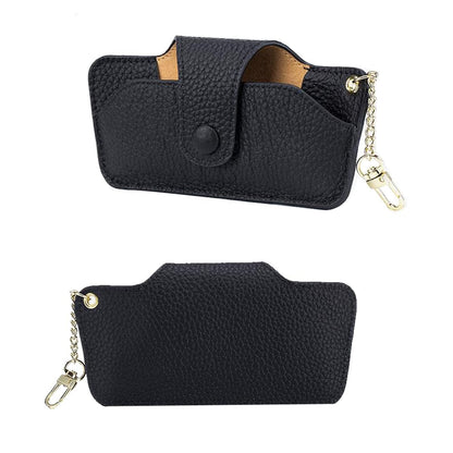 ZZHAOYI Genuine Leather Glasses Case Portable Slim Sunglasses Pouch Soft Leather Glasses Sleeve with Hardware Chain for Men and Women (Black)