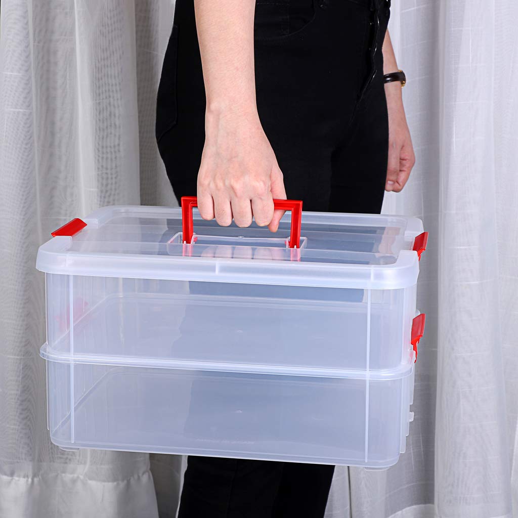 JUXYES 2-Tiers Stack Carry Storage Box With Handle, Transparent Stackable Storage Bin With Handle Lid Latching Storage Container for School & Office Supplies (Red)