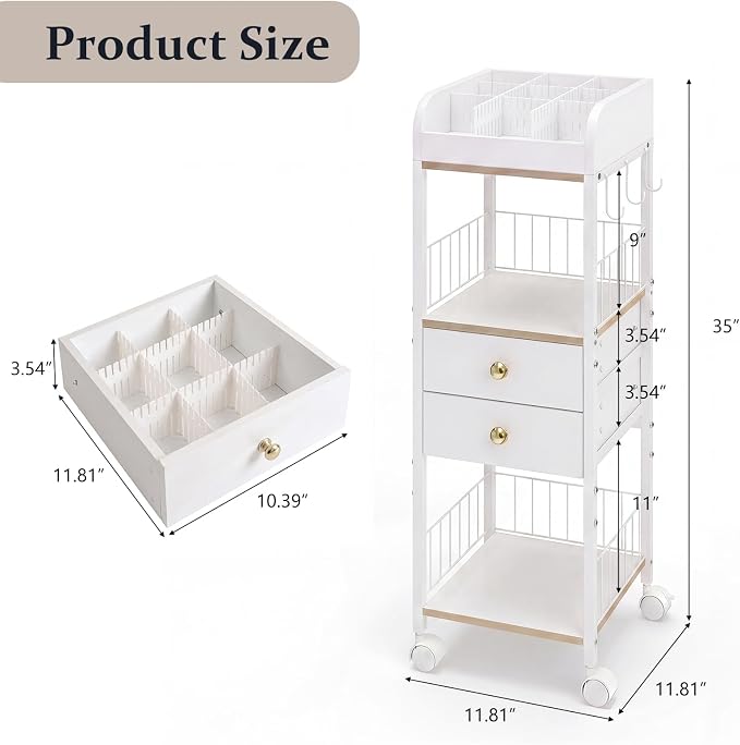 Makeup Organizer Cart, Rolling Floor Skincare Organizer and Storage with 2 Wooden Drawers, Cosmetics Display Cases Holder for Skin Care Perfume Hair Tools Nail Polish（White & Gold）