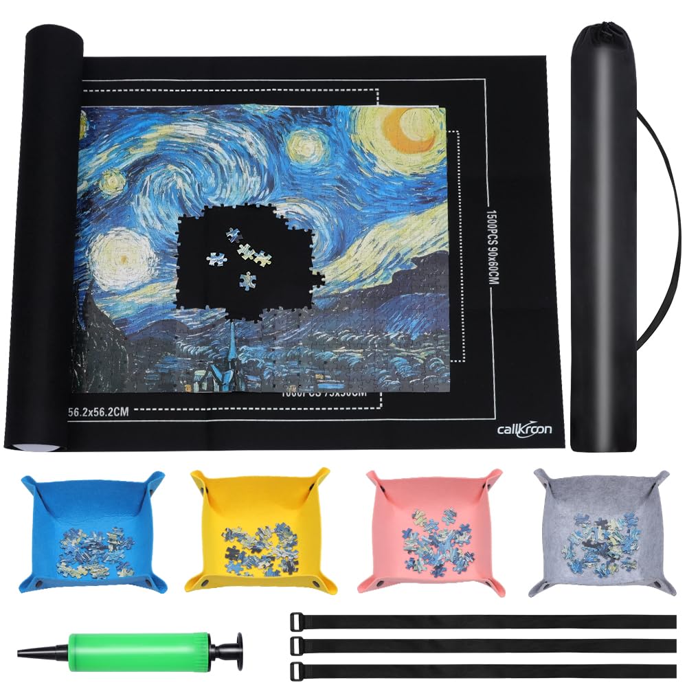 CALLKROON Puzzle Roll Up Mat Set - 1500 Piece Puzzles, Premium Felt Puzzle Saver, 4 Sorting Trays & Inflatable Tube, Durable Puzzle Storage and Organizer
